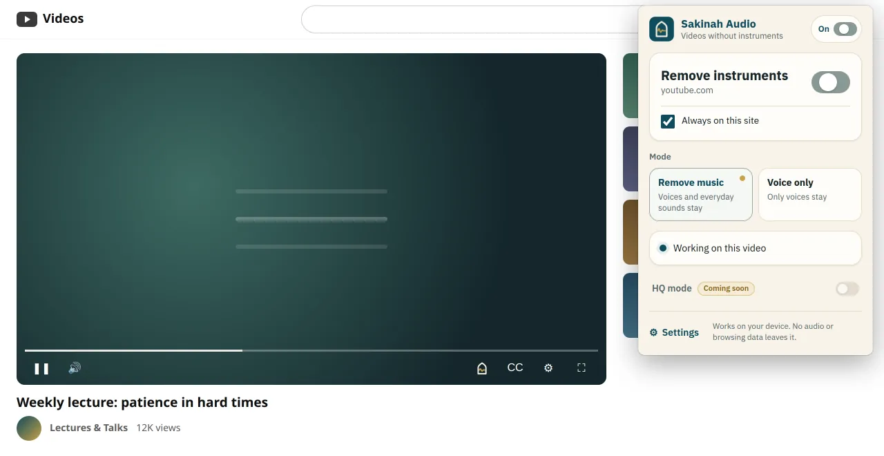 Sakinah browser extension popup over a lecture video, with Remove music and Voice only modes