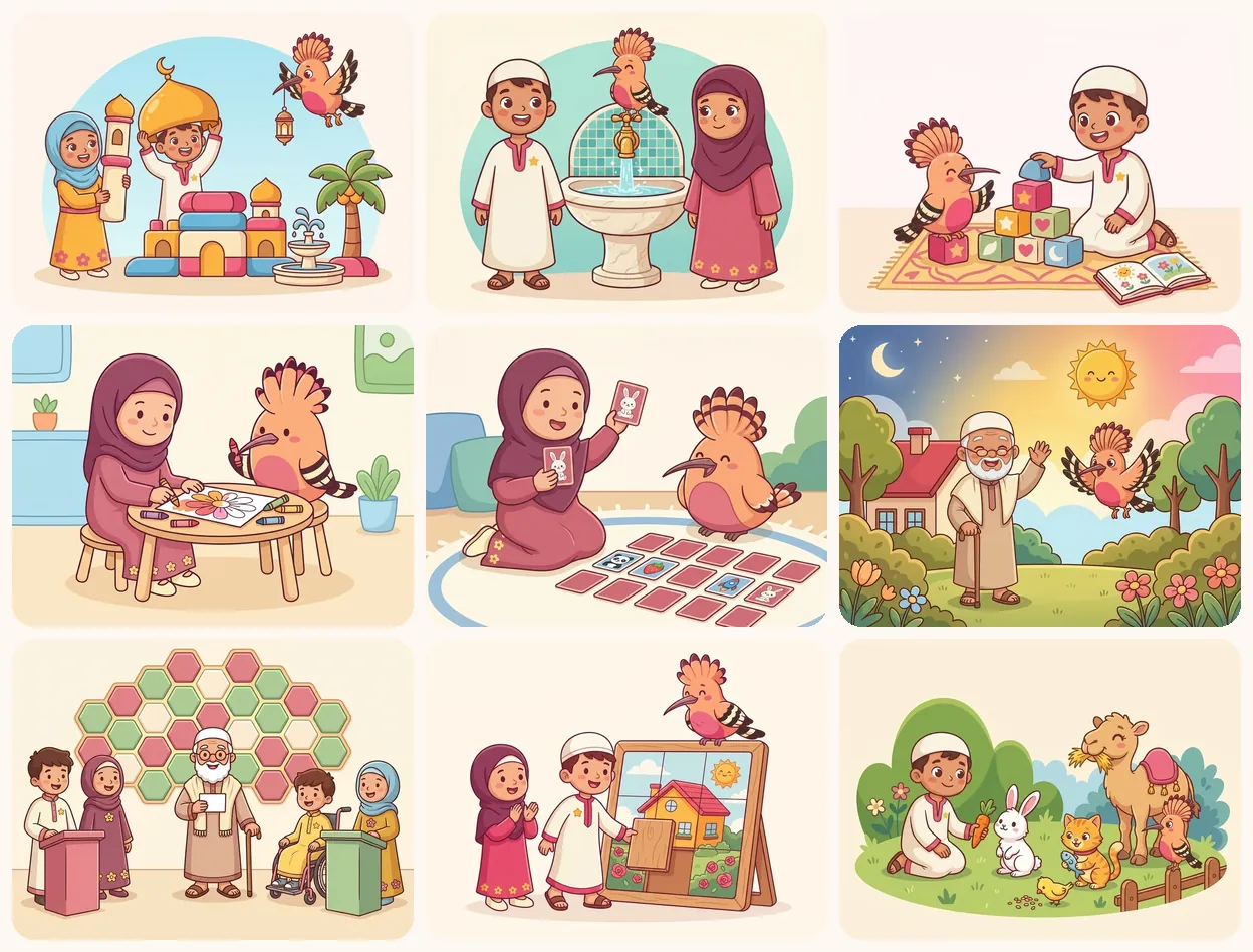 Covers of nine Mrhaan games: building a mosque, wudu, letters, colouring, memory and more